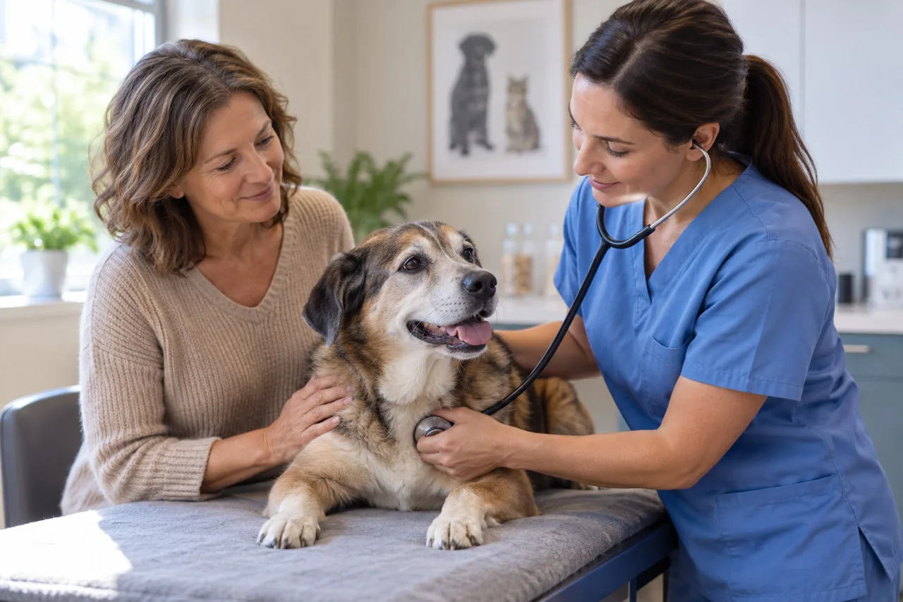 Owner and veterinarian discussing care beside a gray-and-white dog